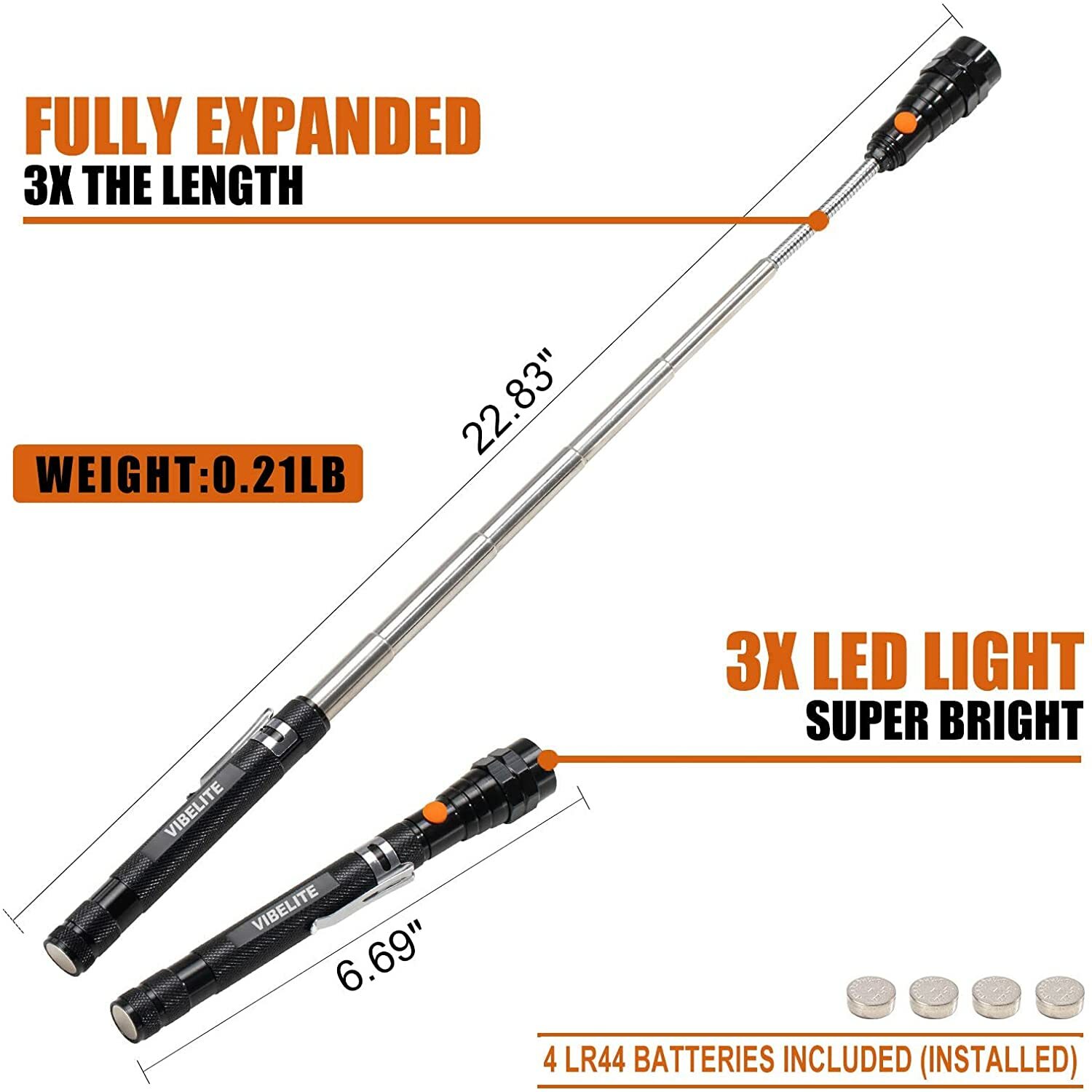 VIBELITE Magnet 3 LED Magnetic Pickup tool Telescoping Flexible Extensible Le…