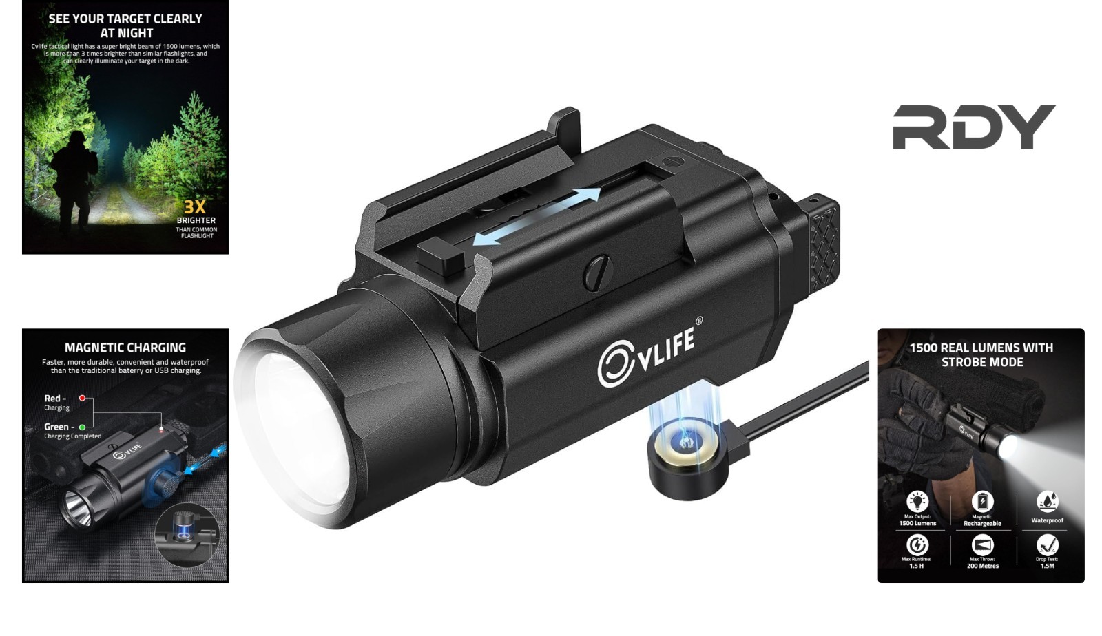1500 Lumens Magnetic Rechargeable Tactical Flashlight for Firearms & Outdoor Use