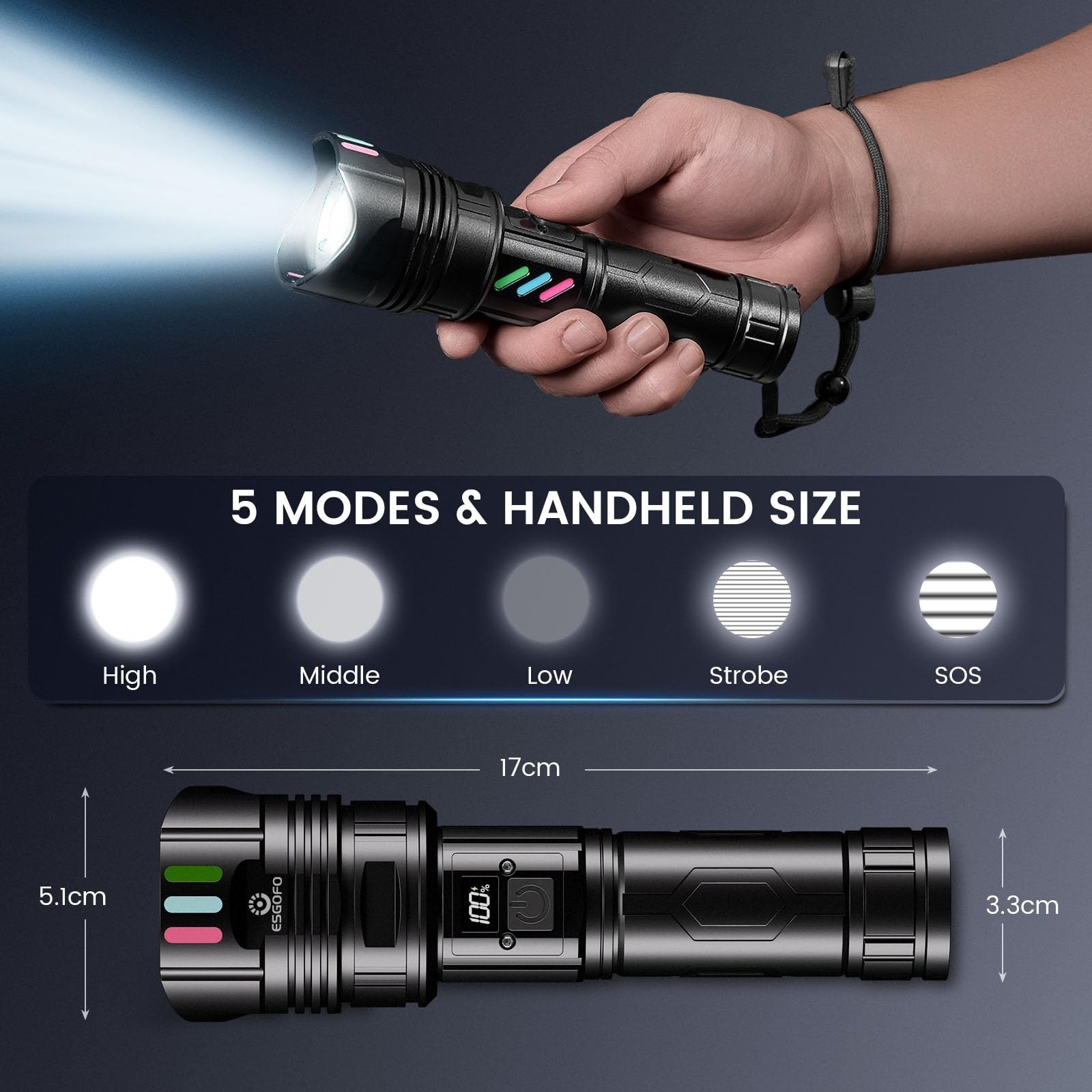 High Lumens Rechargeable Flashlight 100000 LED, 15H Runtime, 3280ft Range, Adjus