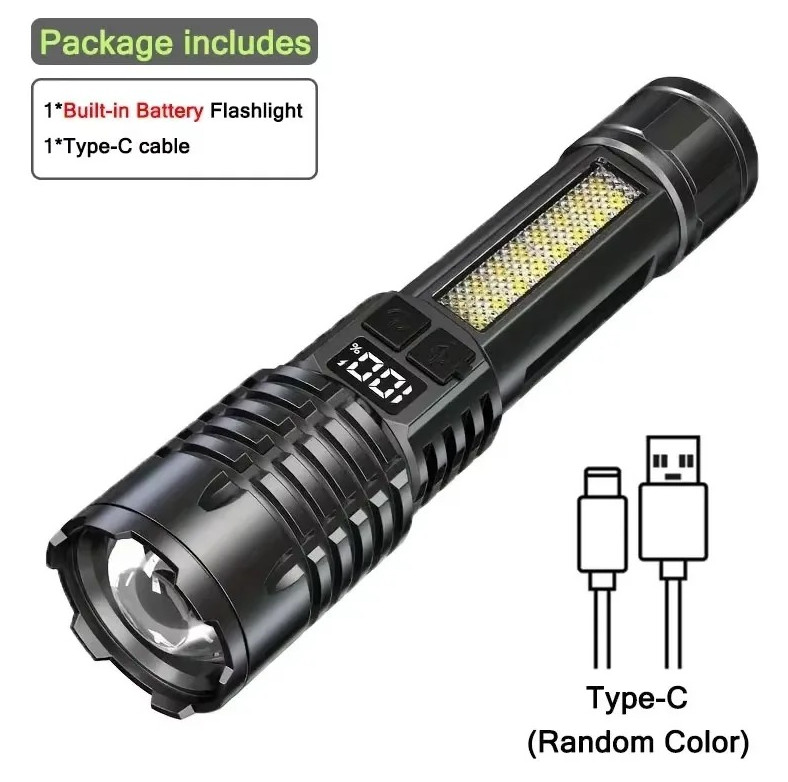 1pc High Power LED Flashlight Rechargeable Type-C Torch with Side Light – NEW