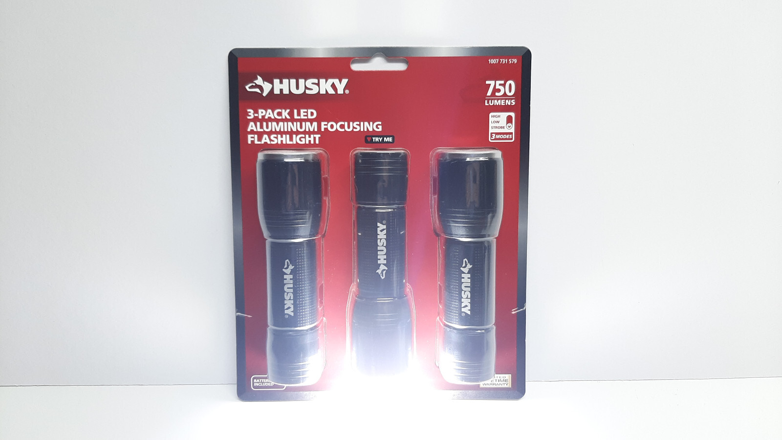 HUSKY Flashlight 3-Pack LED Aluminum High Low Strobe 750 Lumens 4-AAA FOCUSING