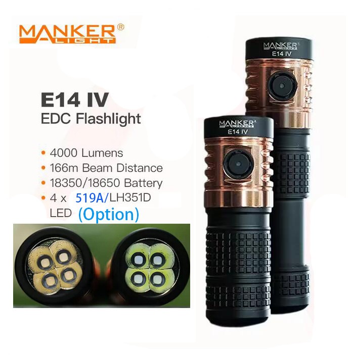 Mankerlight E14-IV EDC Flashlight 4000 Lumen w/ 4x LEDs Camping Torch