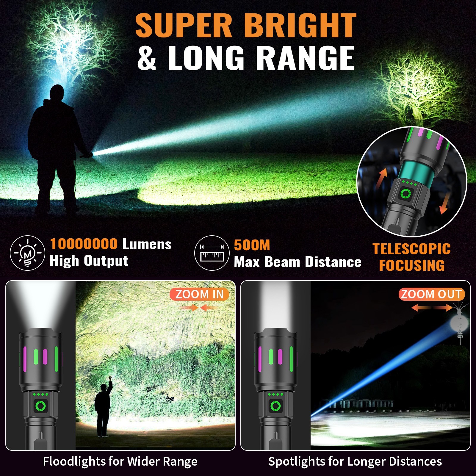 350000000 Lumen Super Bright LED Tactical Flashlight Rechargeable LED Work Light