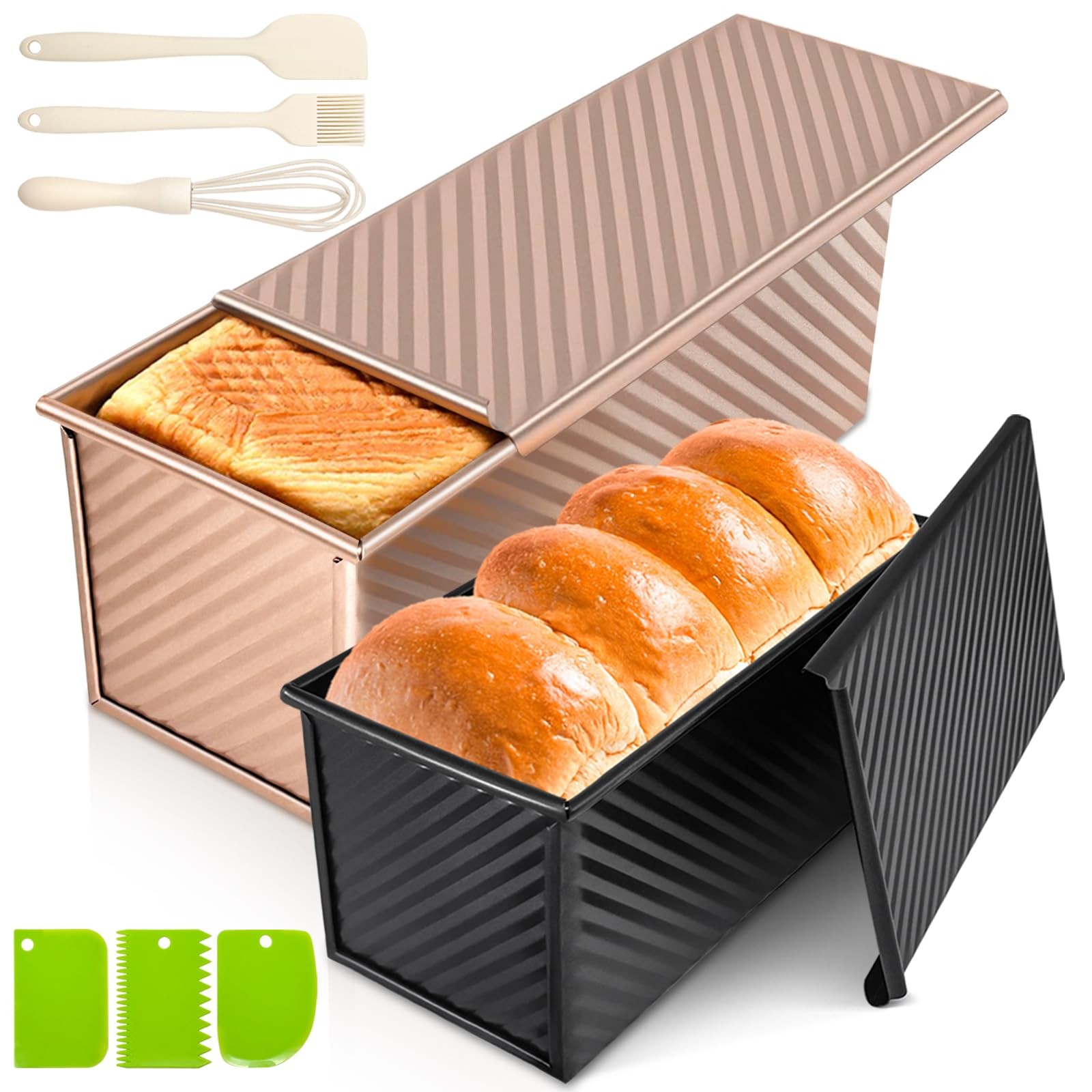 Dipanist 2Pack Pullman Loaf Pans with Lids 2.2LB & 1LB (2-Pack), Gold & Black