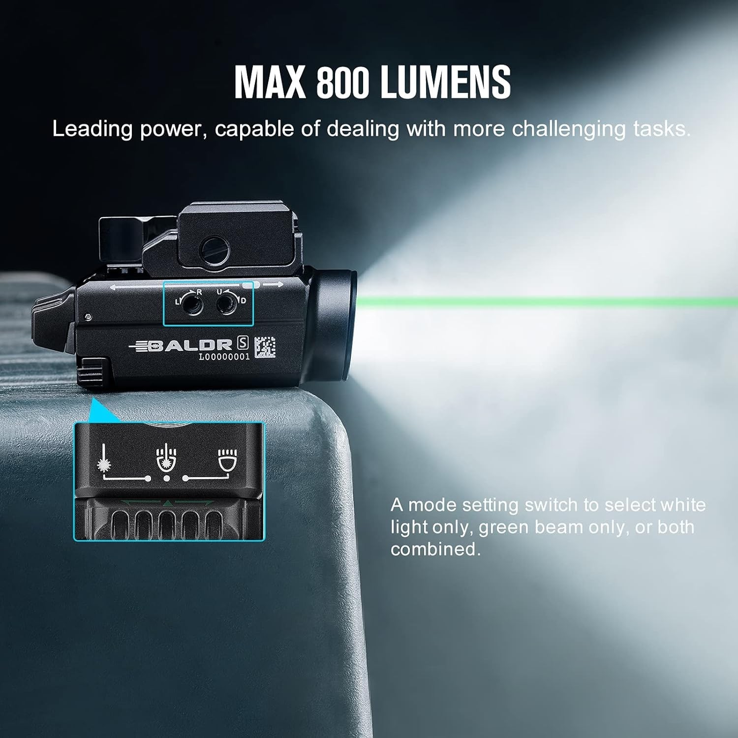 Baldr S 800 Lumens Compact Rail Mount Weaponlight W/ Green Beam & White LED