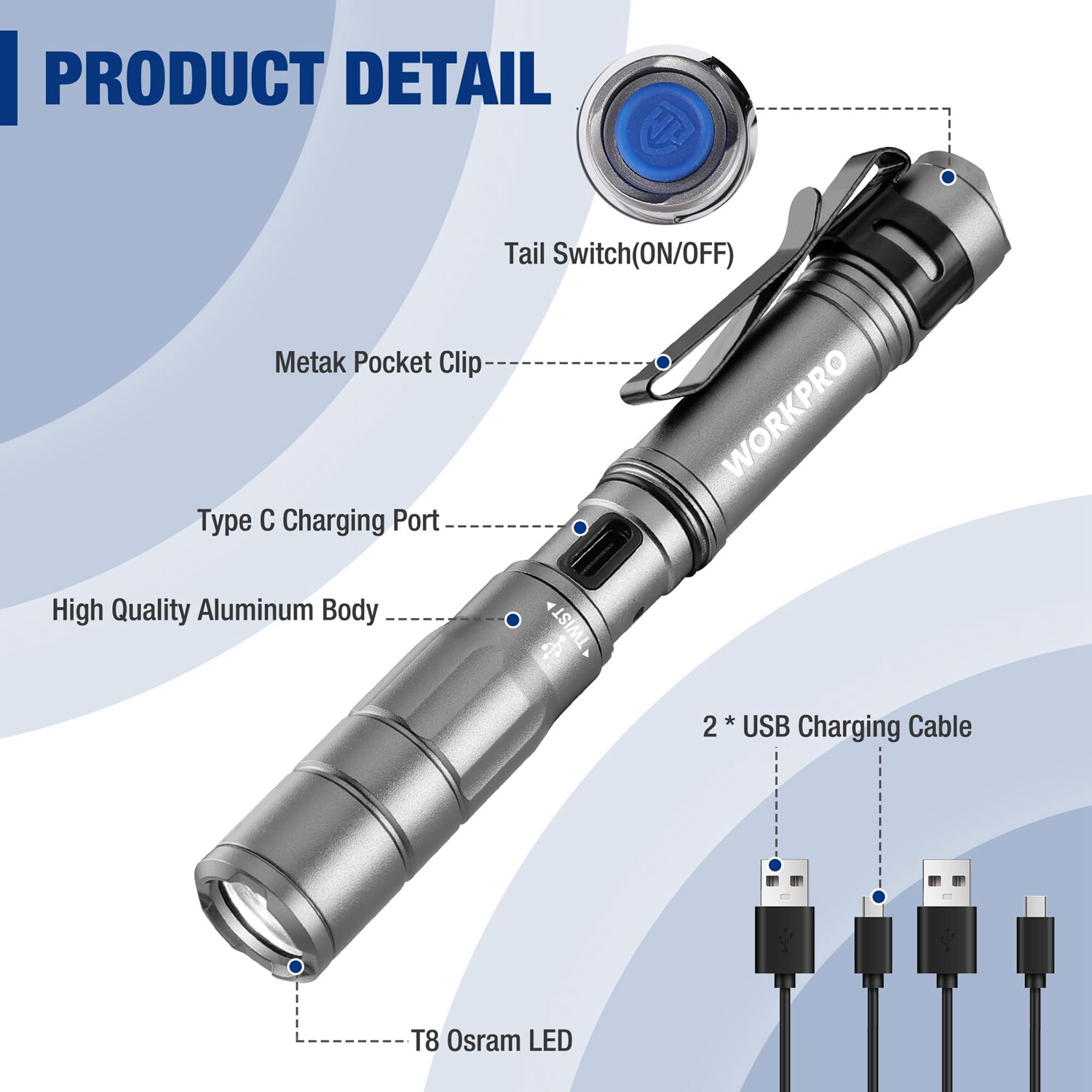 WORKPRO 2-PCS LED Rechargeable Pen Light Mini Flashlight Handheld Pocket Light