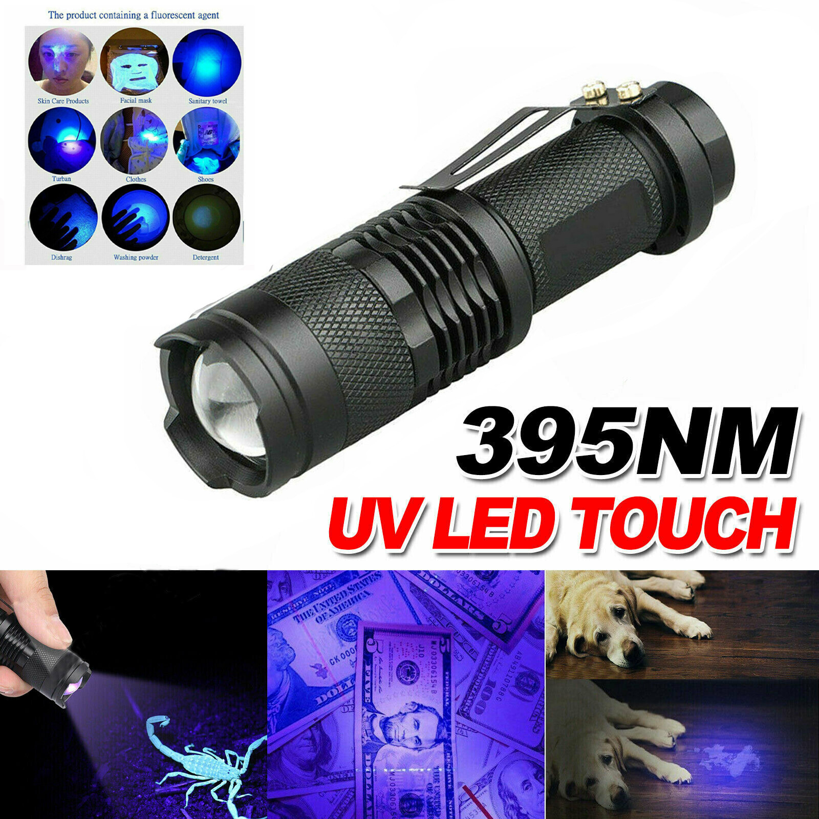 Black Light UV Flashlight – 395nm – Detects Stains & Urine – Zoomable Feature