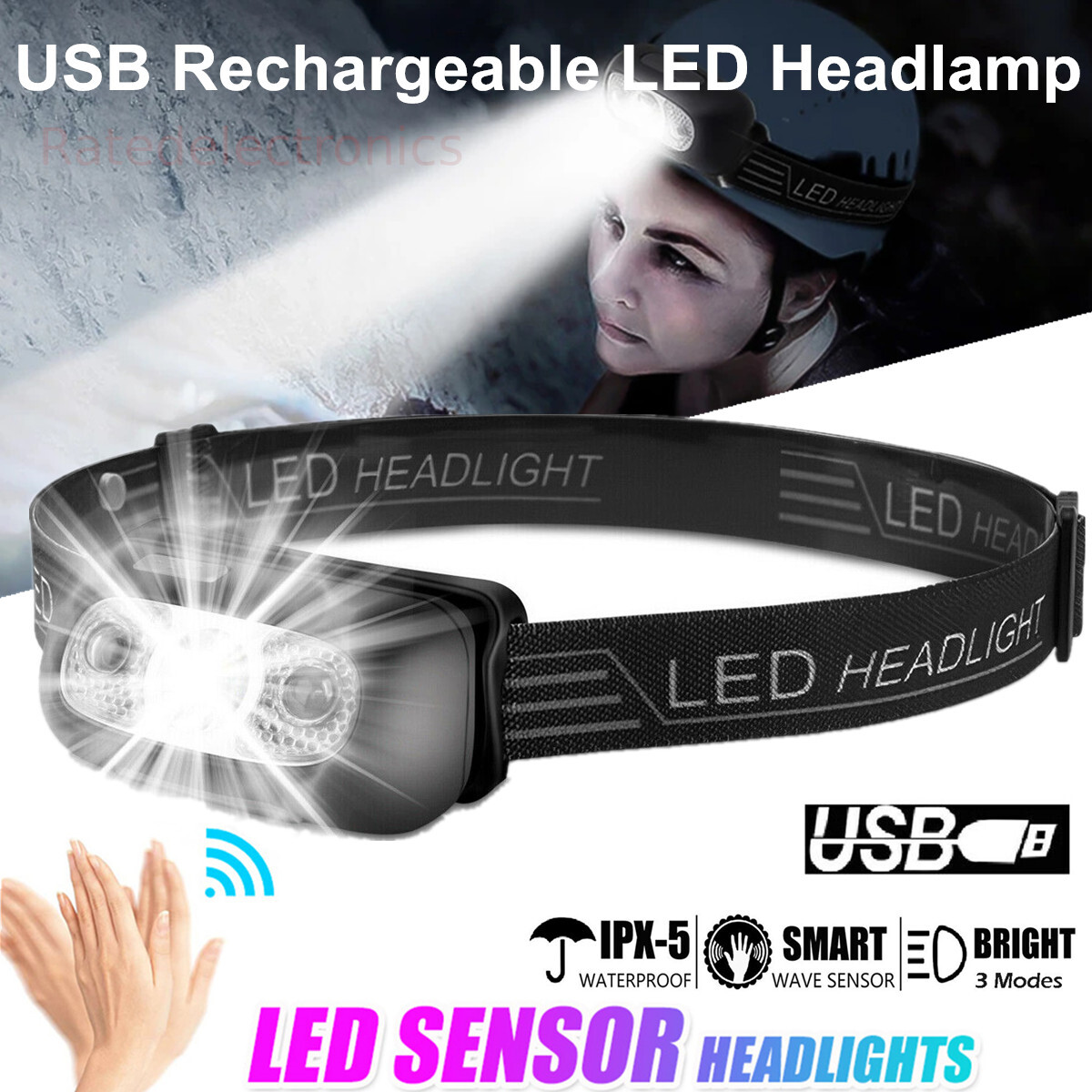 LED Headlamp USB Rechargeable Flashlight Waterproof Outdoor Headlight Lamp Torch