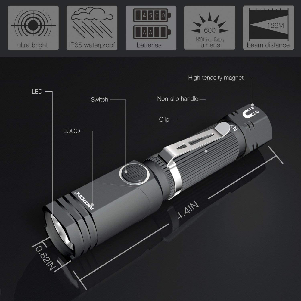 Flashlight, Nicron N7 600 Lumens Tactical Flashlight, 90 Degree Mini Flashlight