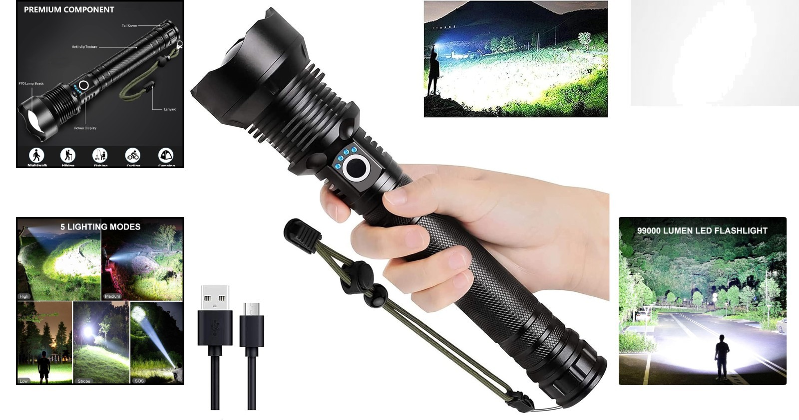 Compact 99,000 Lumens LED Flashlight – Rechargeable, 15-Hour Runtime, Waterproof
