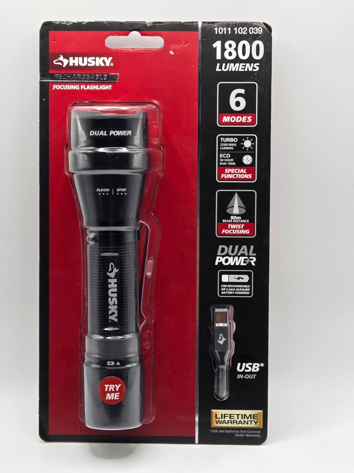 Husky 1800 Lumens Dual Power LED Rechargeable Tactical Focusing Flashlight – NEW