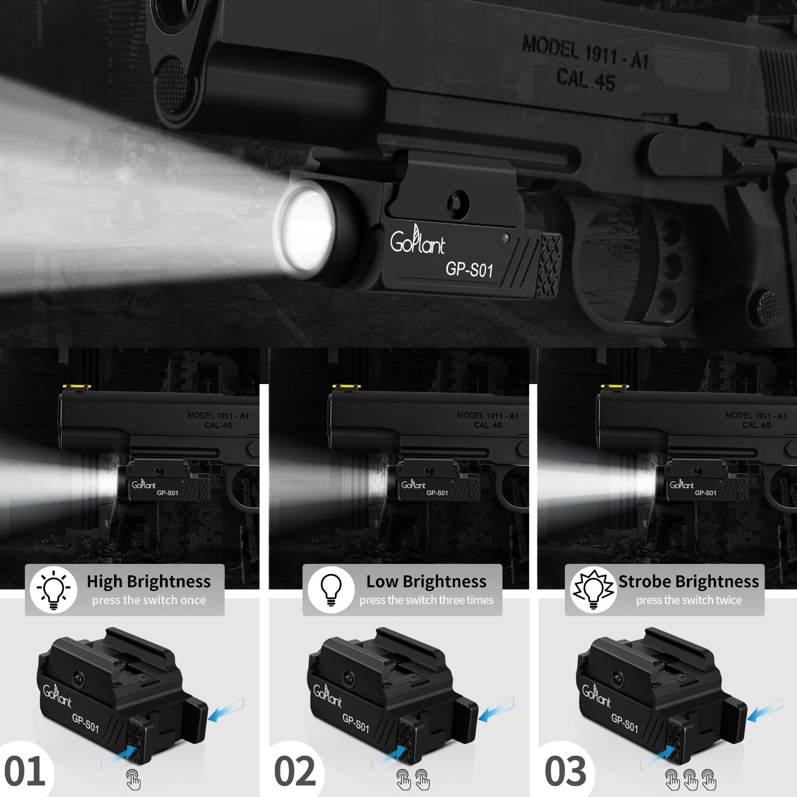 1350 Lumens LED Compact Weapon Light, Rail-Mounted Handgun Flashlight, Rechargea