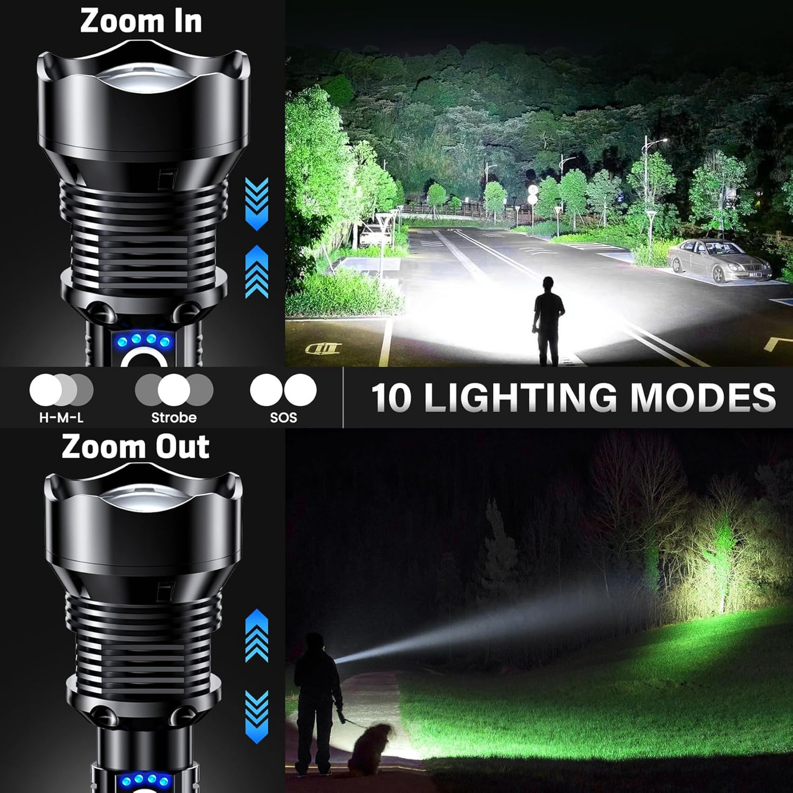 Rechargeable LED Flashlight High Lumens, Waterproof Tactical Zoomable with USB