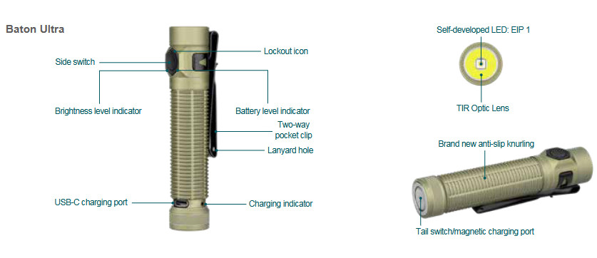 Olight Baton Ultra Olive Green 1800 Lumens & Baton 4 Arctic Flame 1300 Lumens