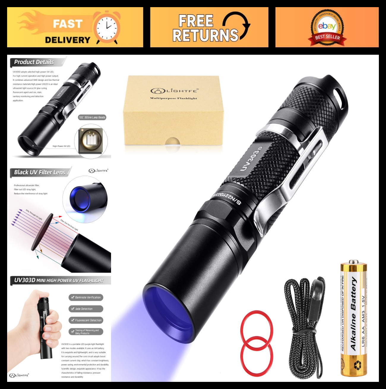 High Power 365nm UV Flashlight – Professional Pocket Black Light, Portable UV Li