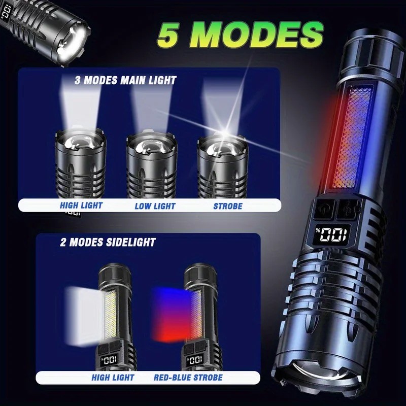 Rechargeable Long Distance LED Flashlight Tactical 5 Modes COB Side Lights