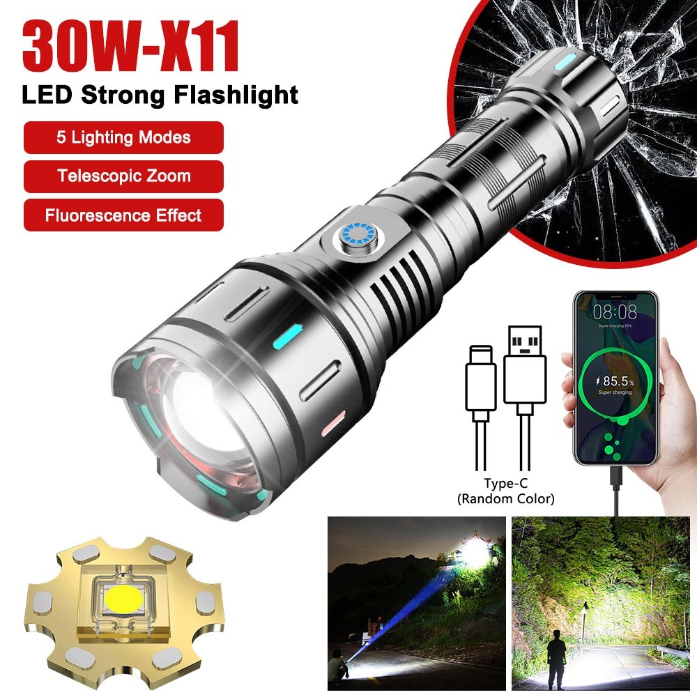 30W Strong White Laser LEP Flashlight Torch Zoomable USB Charging With Luminous