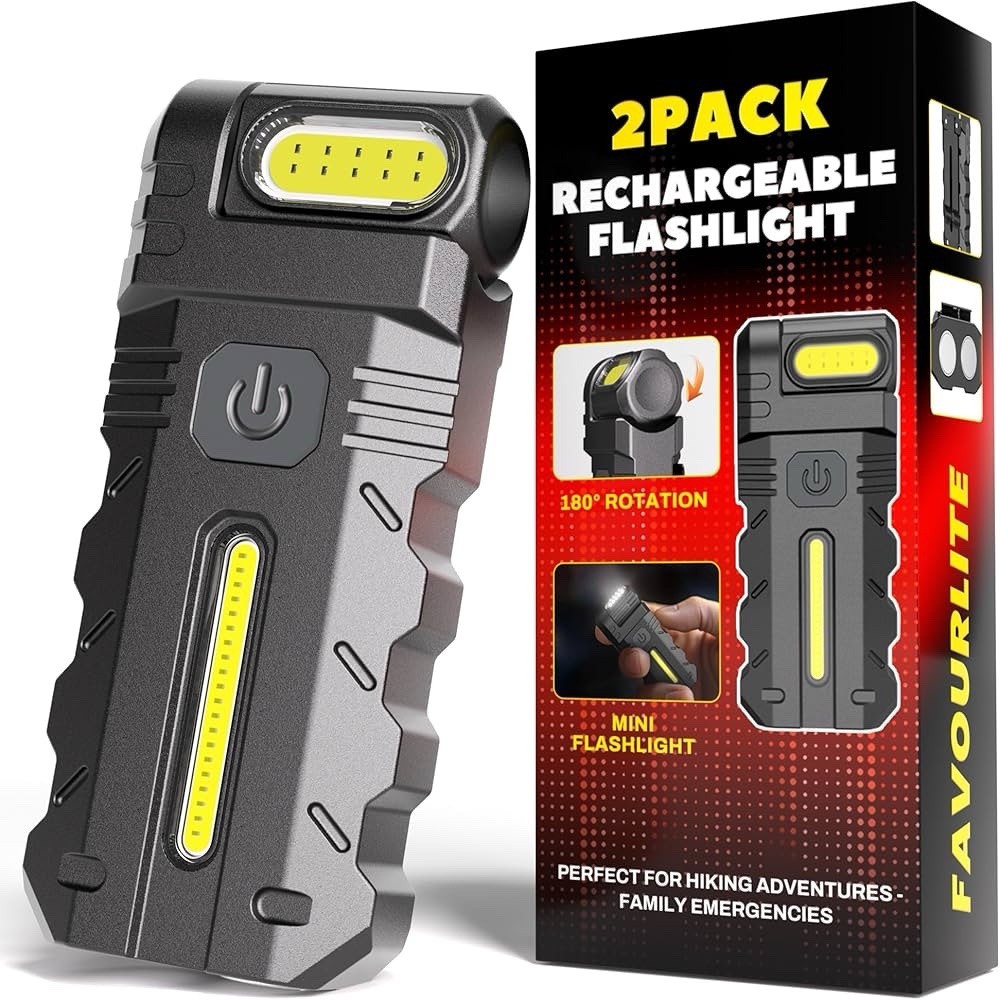 2PACK LED Flashlight Rechargeable, 600 Lumens Portable Flat Mini Flashlights wit