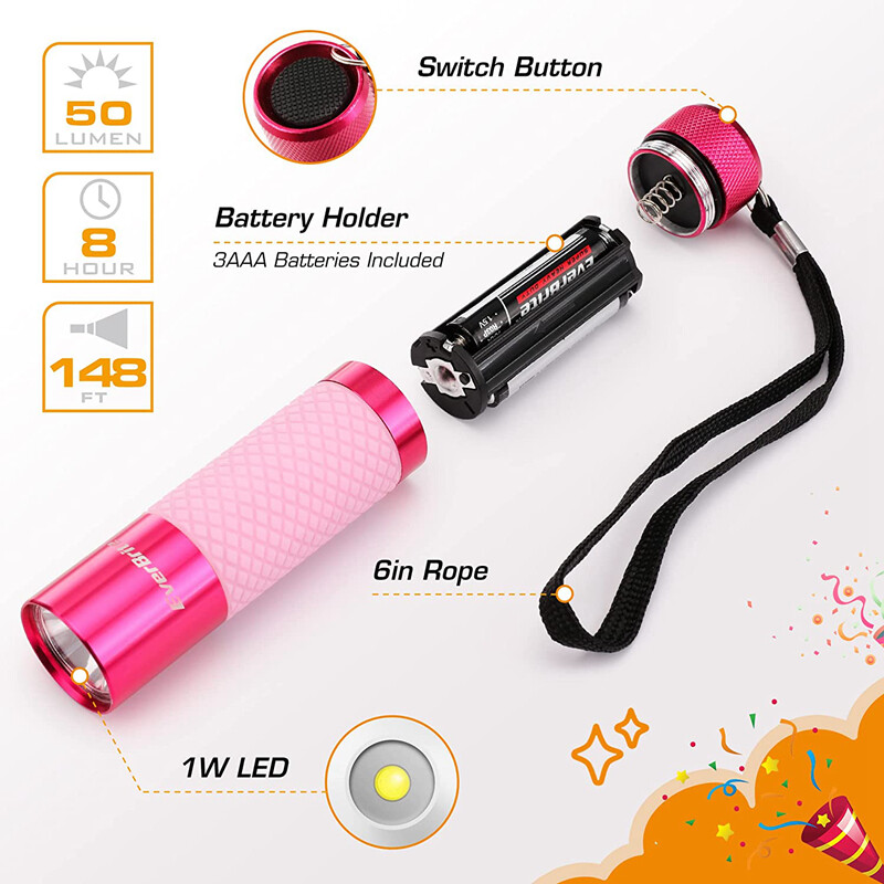 EverBrite 3Pack Mini LED Flashlight Glow Dark Aluminum Flashlight 8AAA Batteries
