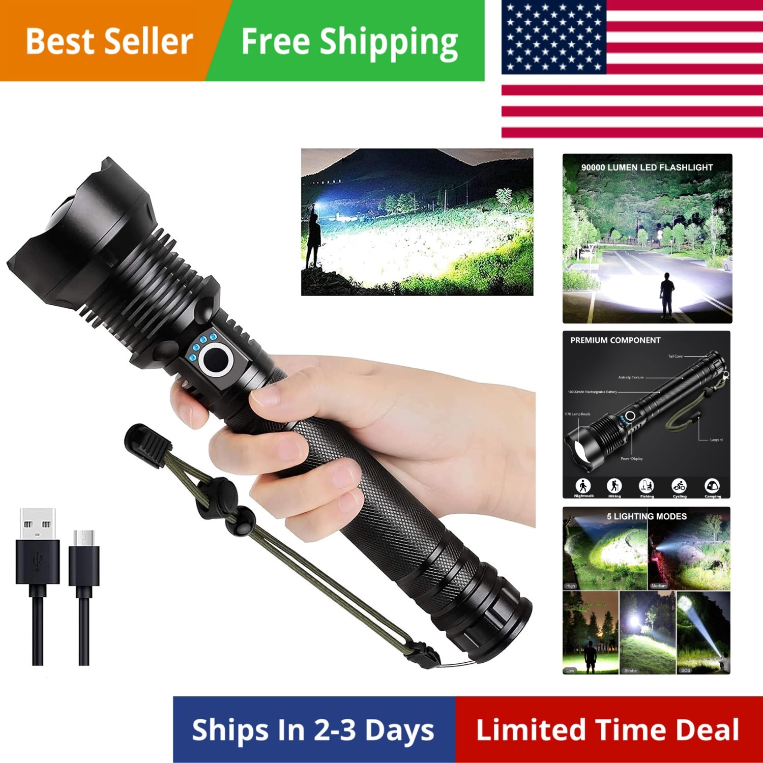 Rechargeable LED Flashlights High Lumens, 90,000 Lumens Super Bright Flashlig…