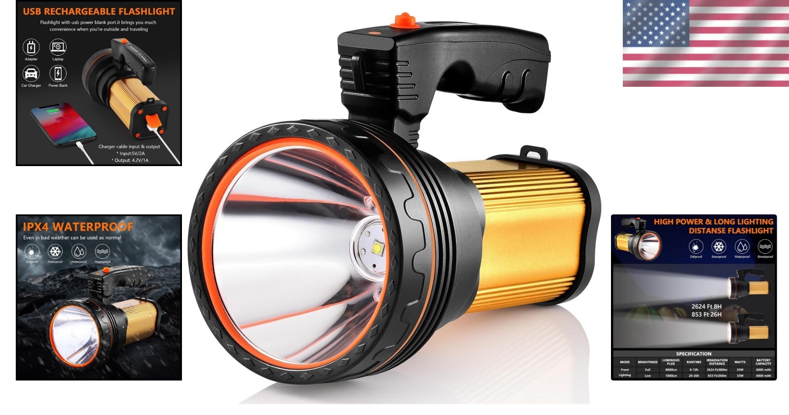 Heavy-Duty Waterproof Handheld Flashlight – 800m Beam for Hunting & Outdoor Use