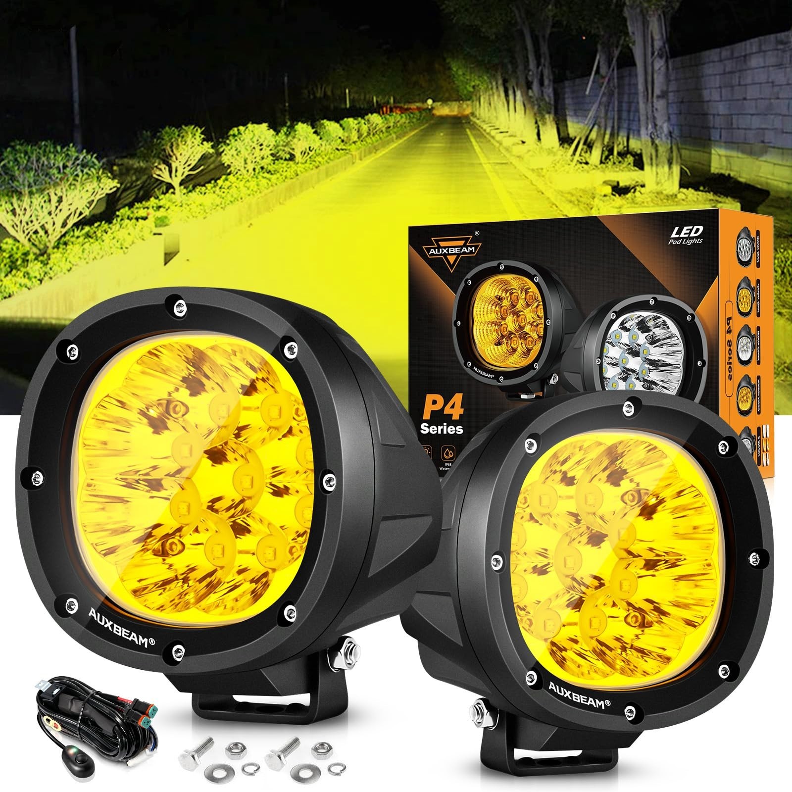 Auxbeam 4In 90W Amber Round Led Offroad Lights 2PCS 12000LM Bright 5×7 In Hea…