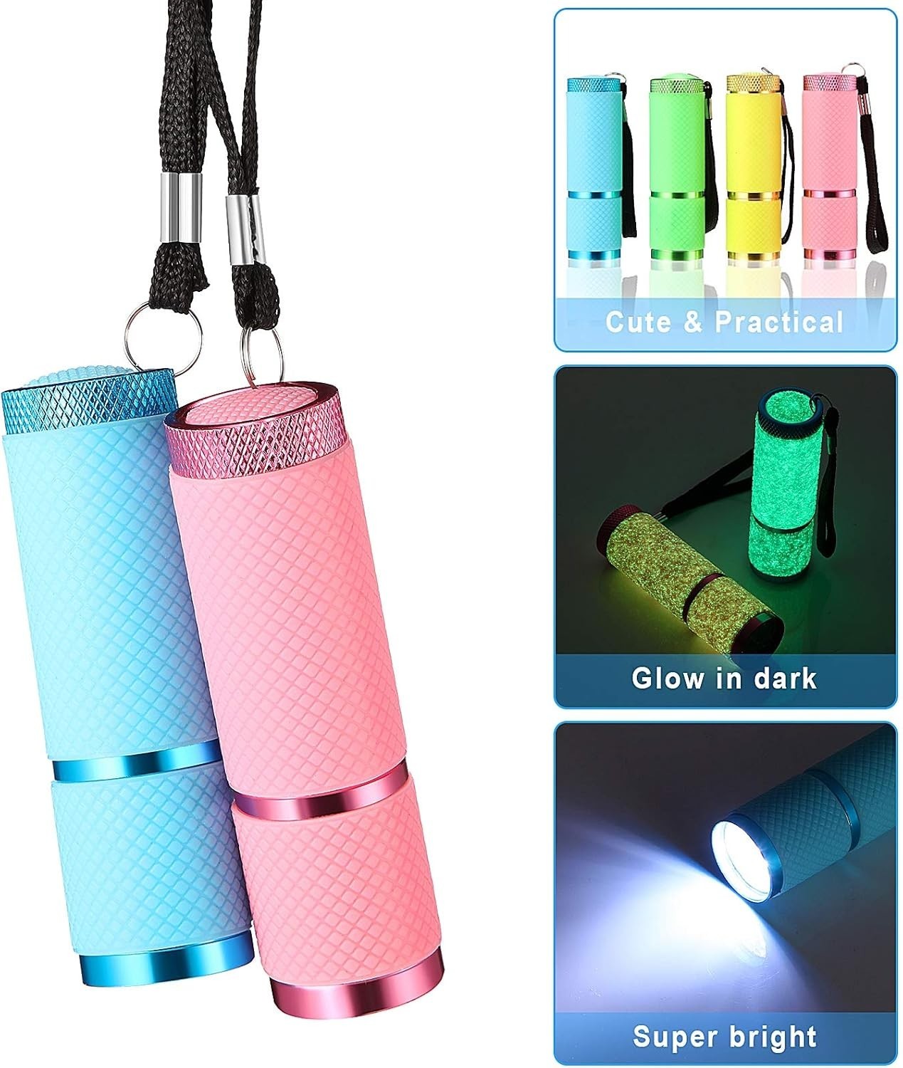8-Piece Glow in the Dark Flashlight Set, 9 LED Mini Flashlights Rubber Coated