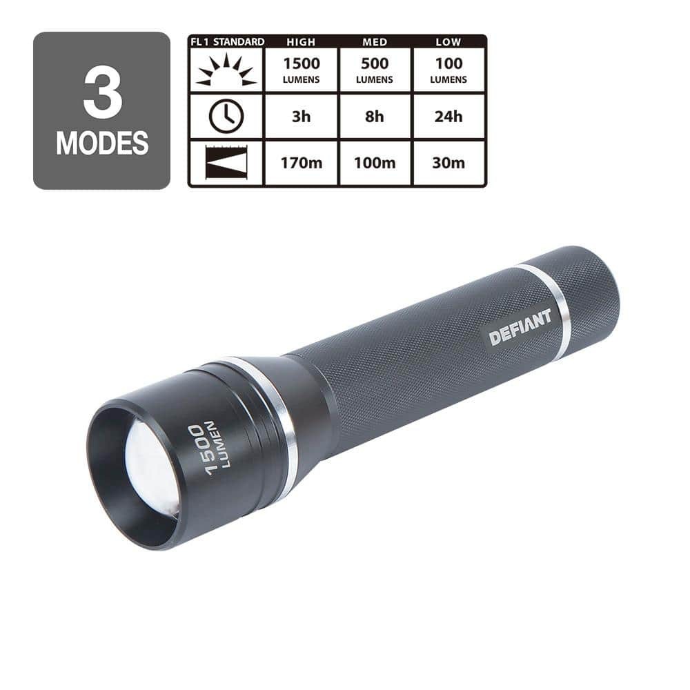 Defiant 1500 Lumens LED Slide-to-Focusing Aluminum Flashlight