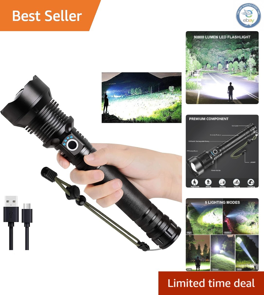 Ultra Bright 90,000 Lumens LED Flashlight – Rechargeable & Waterproof Design