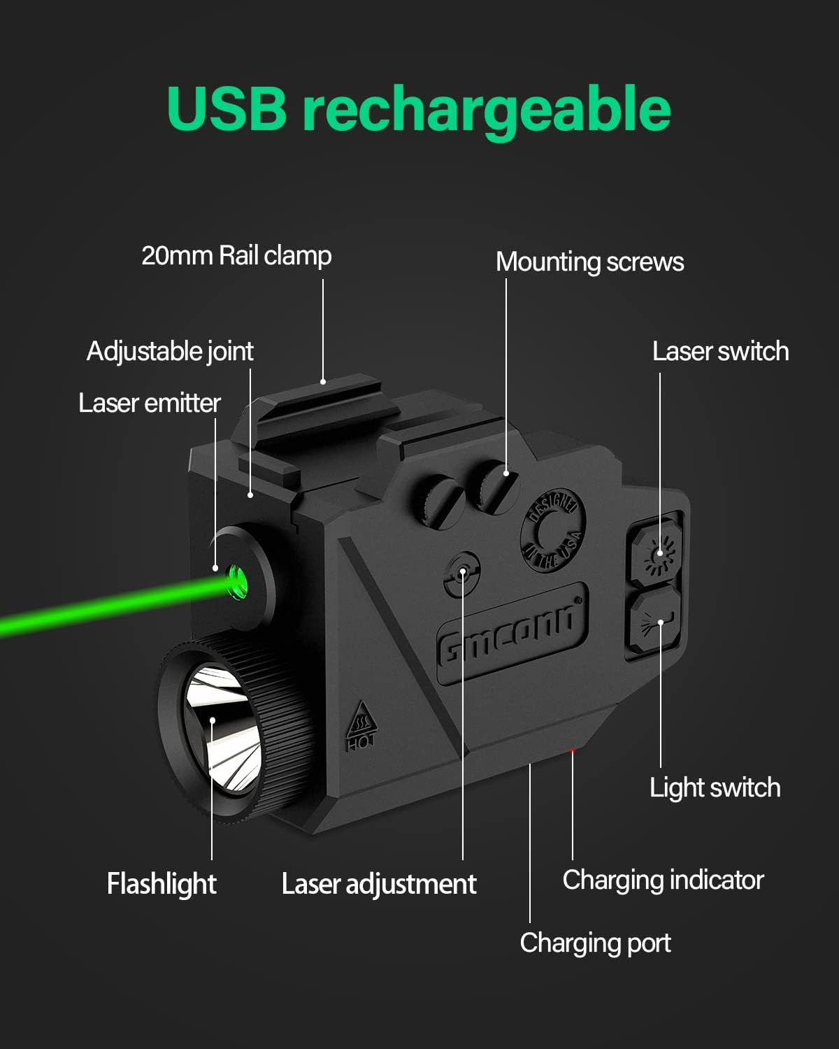Gmconn 800 Lumens Tactical Flashlight Green Red Blue Beam Light Combo, Pistol Li
