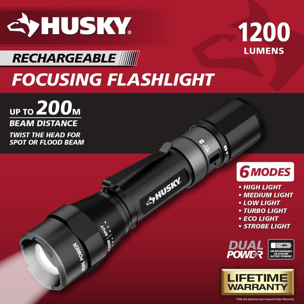 Husky 1200 Lumens Dual Power LED Flashlight w/ Battery & USB-C Cable