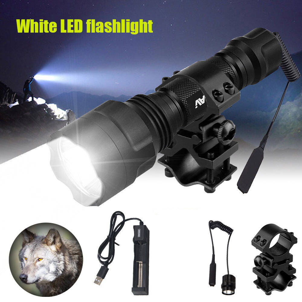 Hunting LED Flashlight Torch 800Yards Light Rifle Tactical Scope Mount 20mm Rail