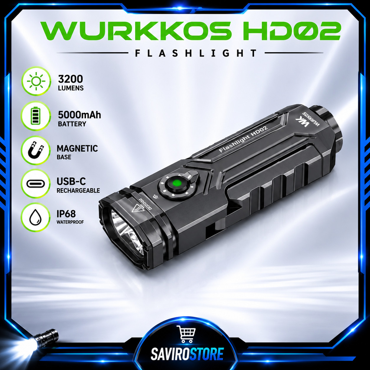 Wurkkos HD02 3200LM Rechargeable Flat LED Flashlight UV Green Laser