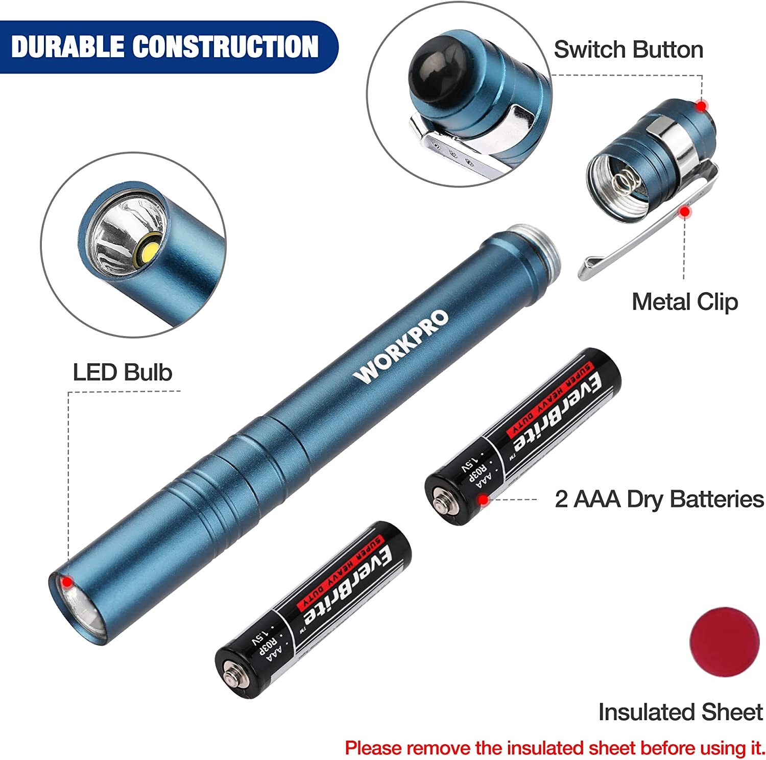 WORKPRO 4-Packs Gray/Blue LED Pen Light Set Pocket Pen Flashlight Penlight Light