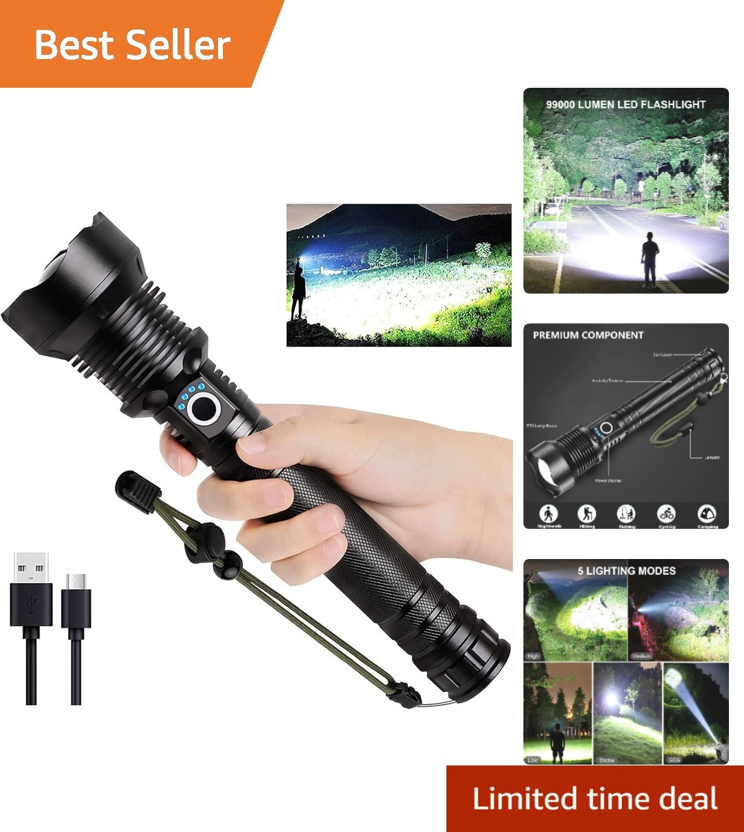 Rechargeable High Lumens Flashlight with 1000m Beam – Ideal for Camping & Hiking