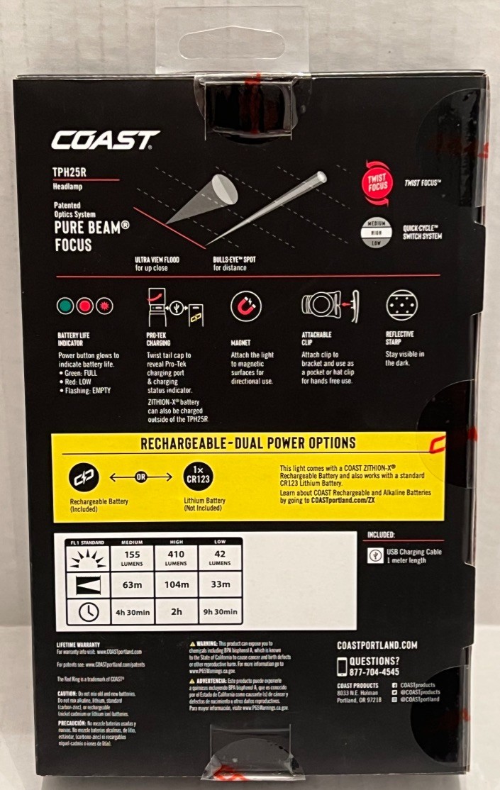 COAST TPH25R Headlamp 410 Lumens IP54 Pure Beam Focus Rechargeable Dual Power