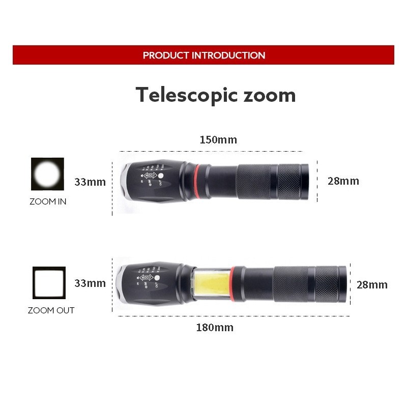 Linterna LED recargable magnética fuerte, (sin batería, sin cargador) con zoom