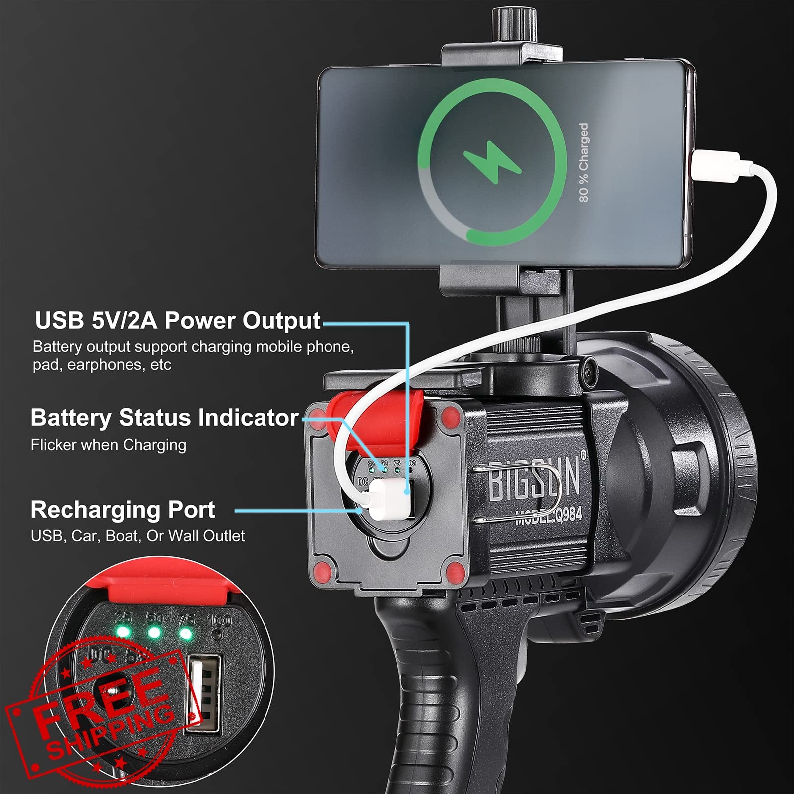 BIGSUN Q984 LED Spotlight 1600000 Lumens 4-Color Lenses