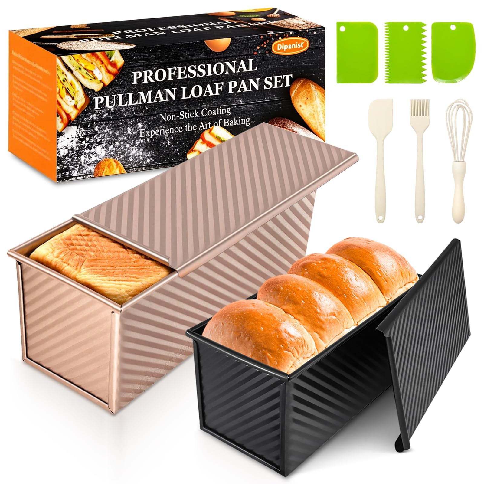 Dipanist 2Pack Pullman Loaf Pans with Lids 2.2LB & 1LB (2-Pack), Gold & Black