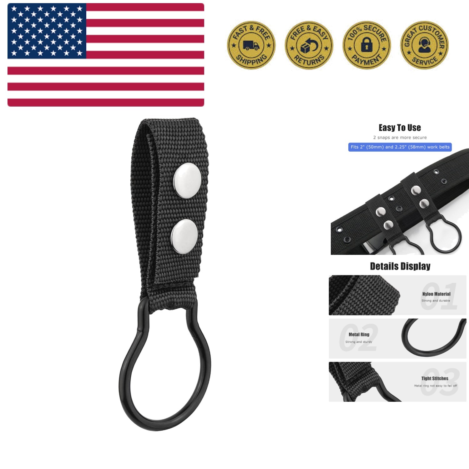 UIInosoo Nylon Dual Snap Clip Flashlight Ring Holder for Duty Belt, Keeps D/C…