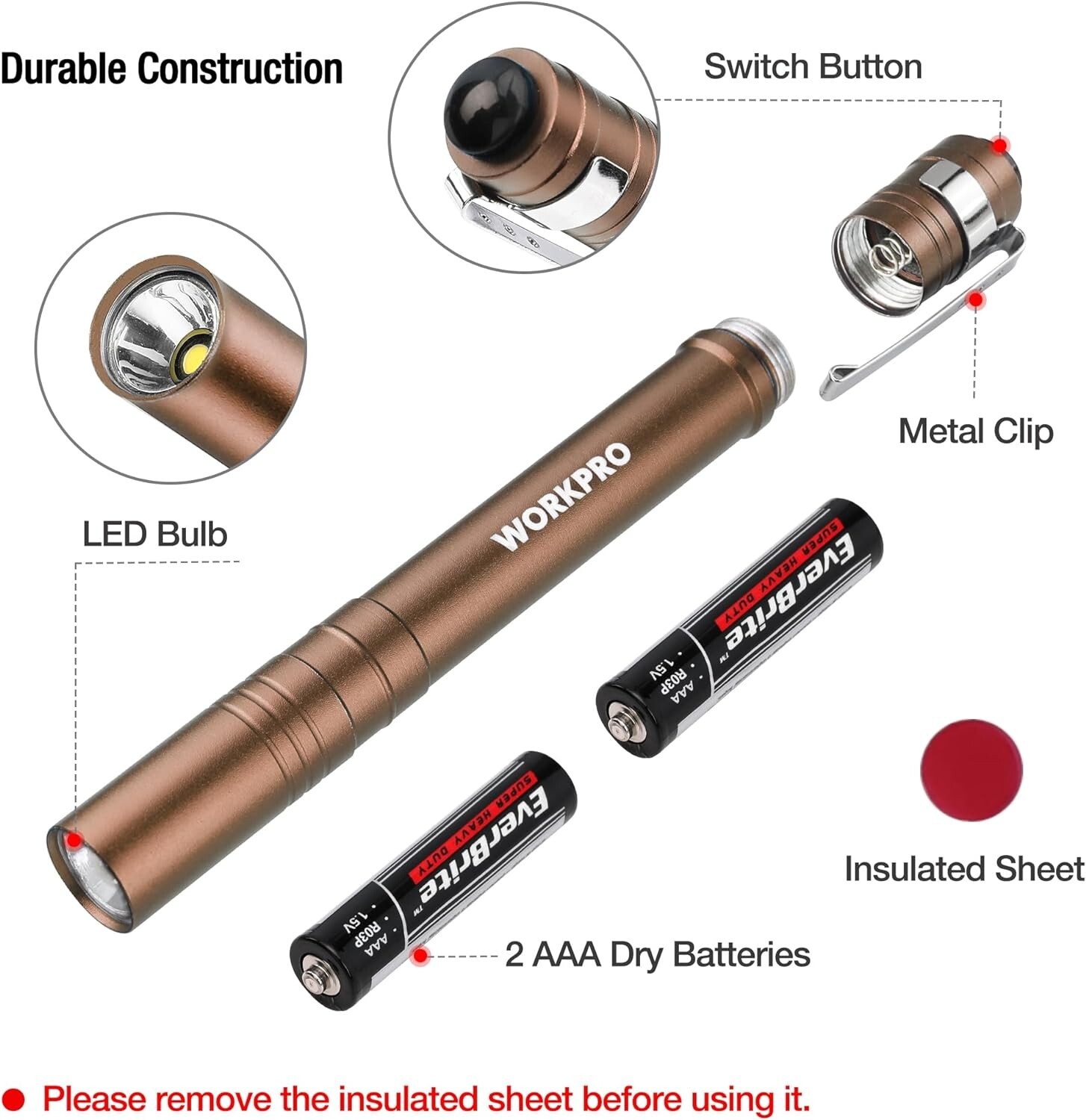 WORKPRO LED Pen Light, Aluminum Pen Flashlights 4-Pack 8AAA Batteries Include