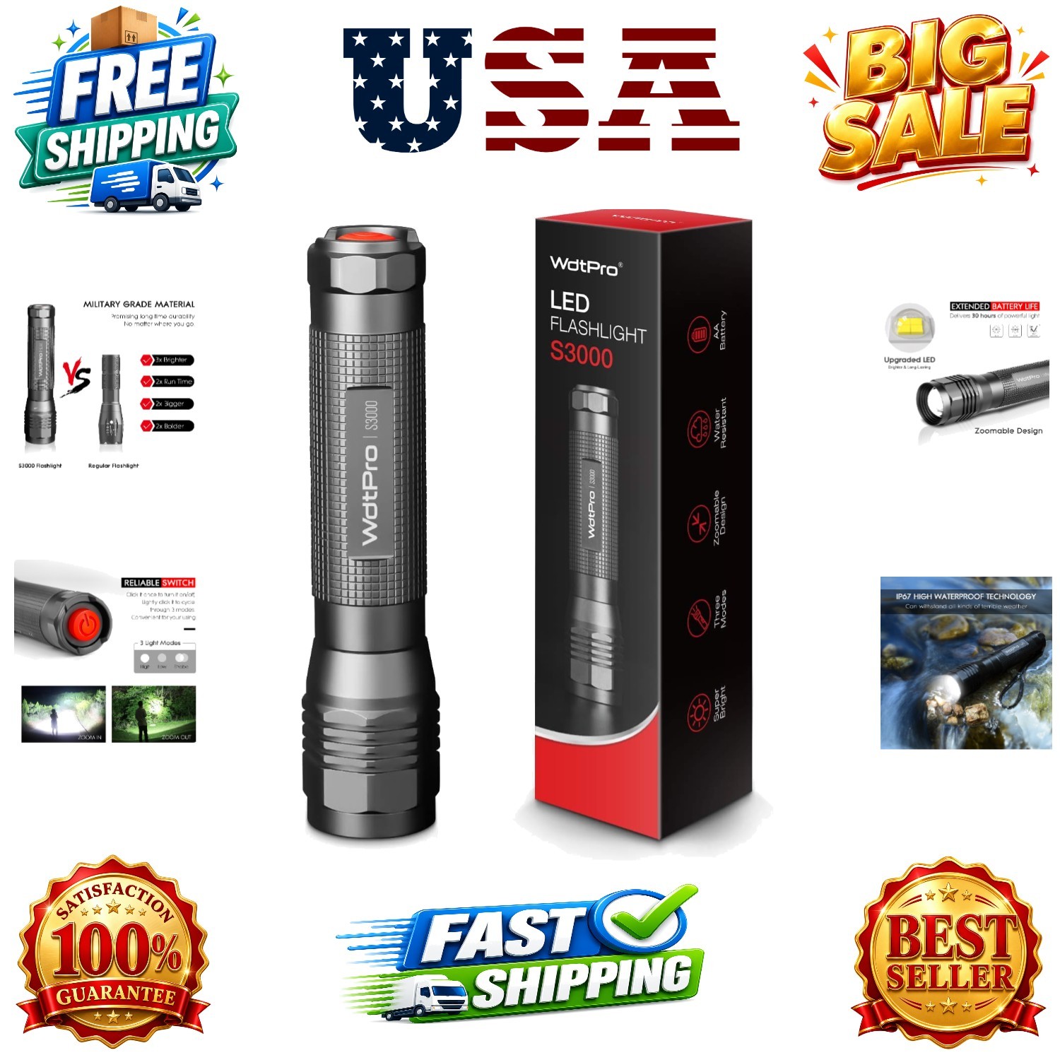 High-Powered LED Flashlight S3000, Super Bright Flashlights – High Lumen, Wa…