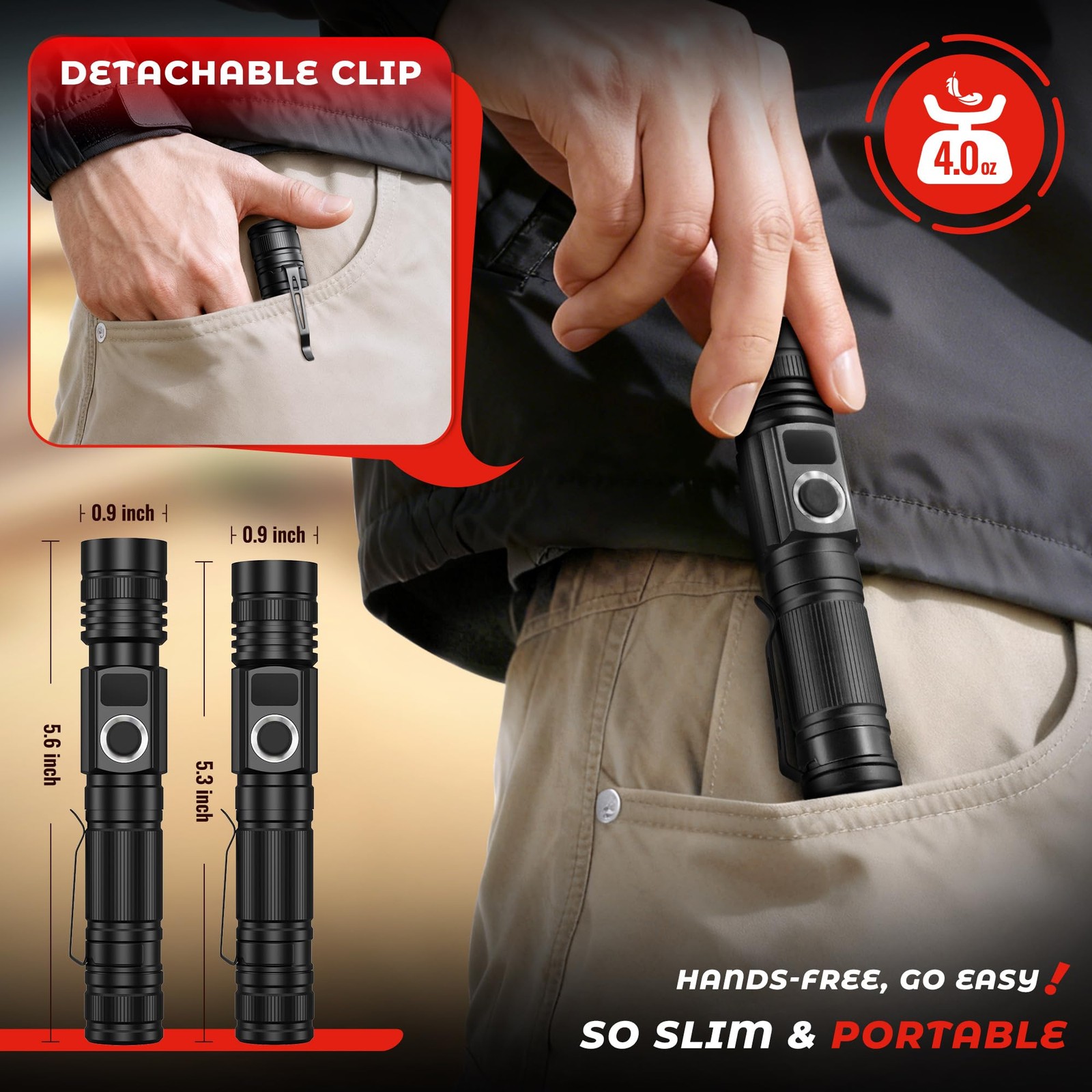 LED Flashlights with Power Display, 2800 High Lumens Rechargeable
