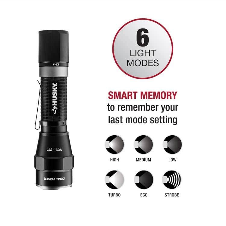 Husky 1200 Lumens Dual Power LED Rechargeable Focusing Flashlight