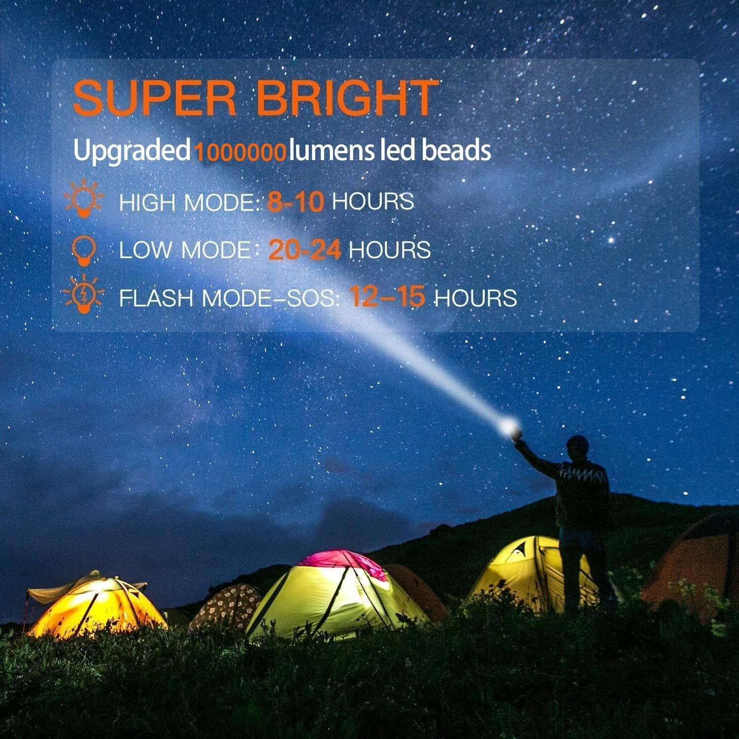 Super Bright Aluminium Alloy Flashlight 1000000 Lumens Waterproof Rechargeable