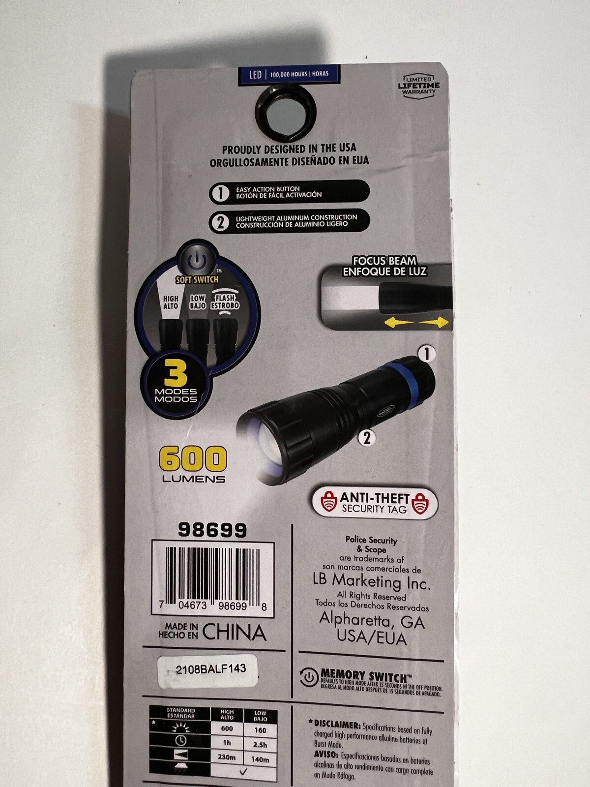 Handheld Police Security 5″ Flashlight Scope 600 Lumens Slide Focus #98699