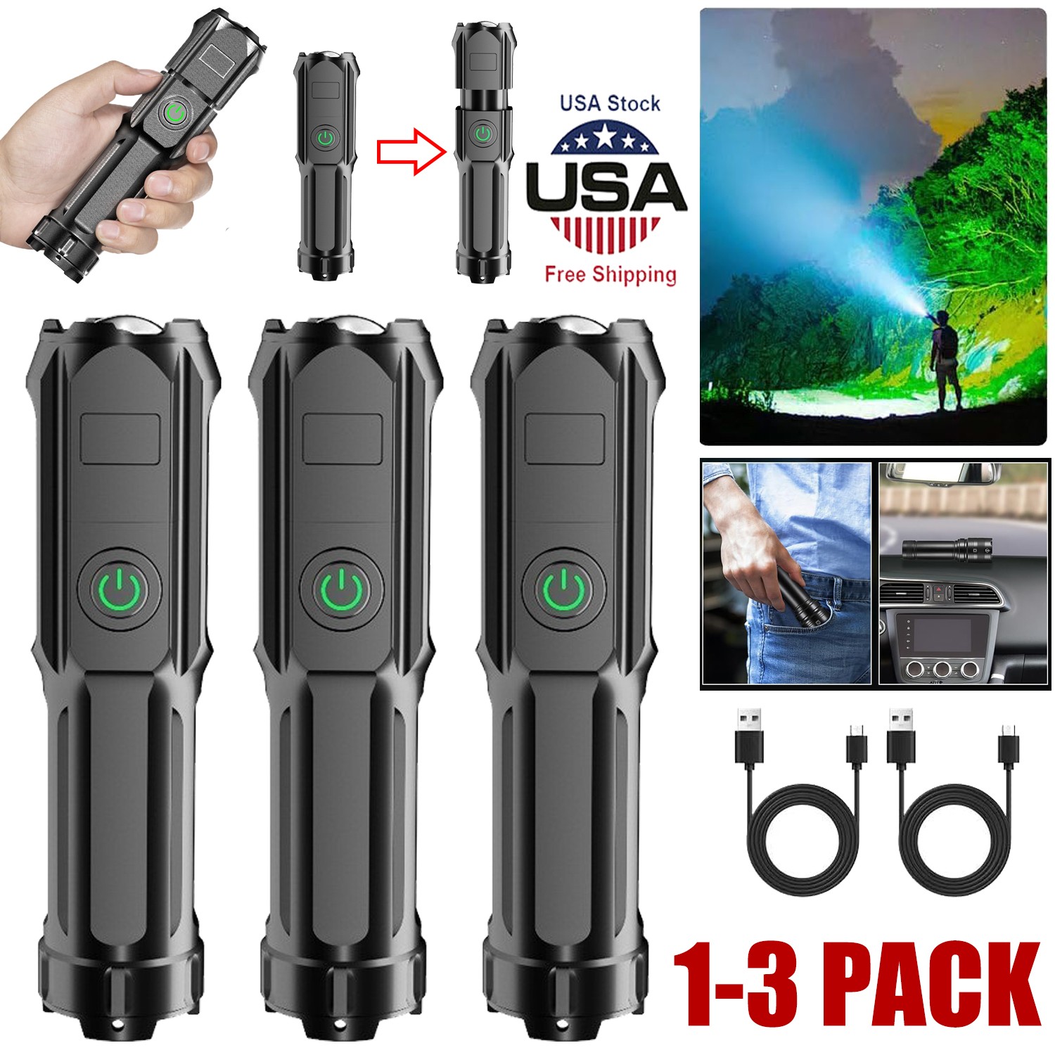 1/3x Rechargeable Flashlights High Lumens Bright Adjustable Tactical Flashlight