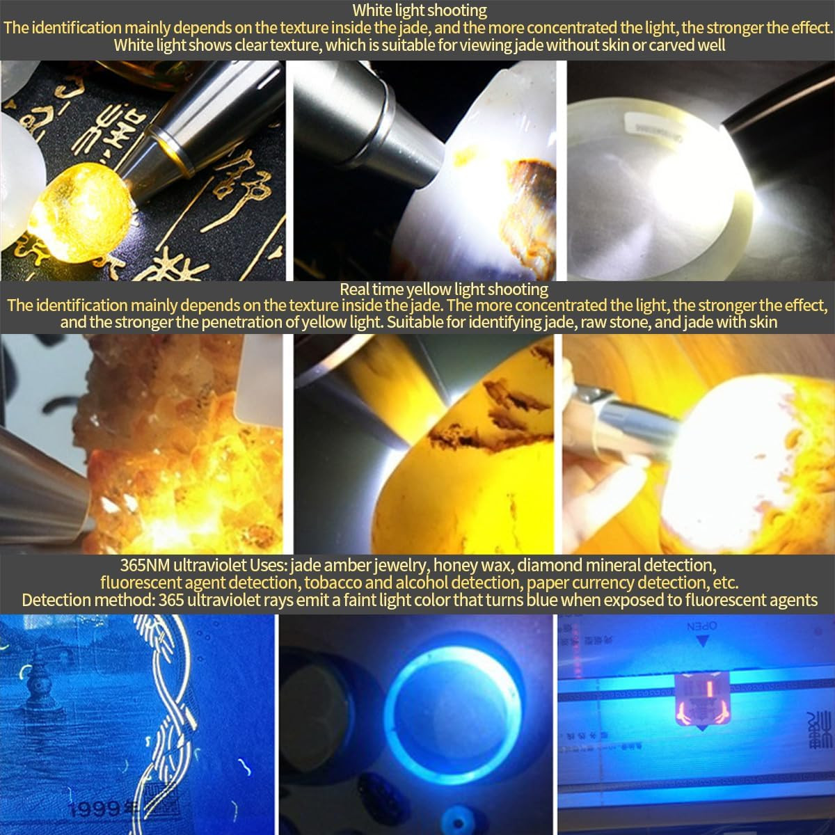 LED Three Light Source Jade Identification Flashlight, 365Nm Ultraviolet