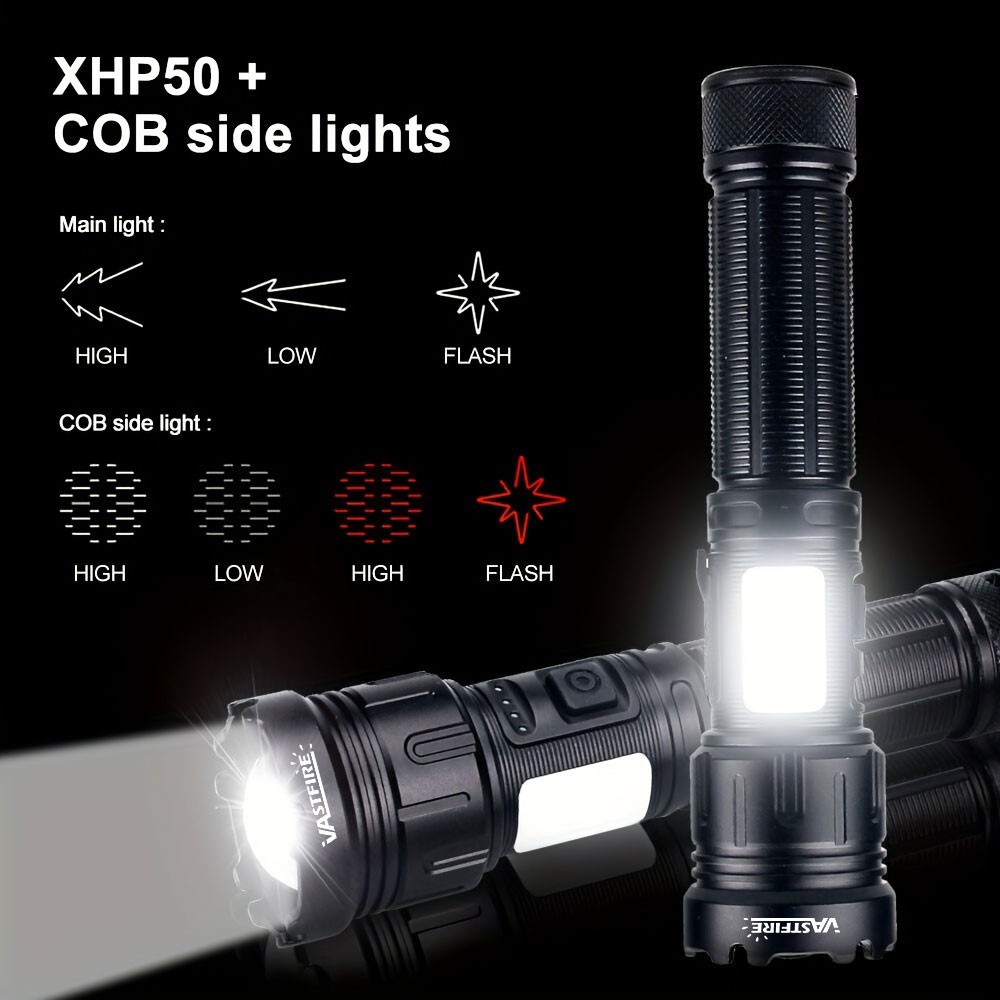 Super Bright LED Flashlight Zoomable Torch USB Rechargeable COB Side Soft Light