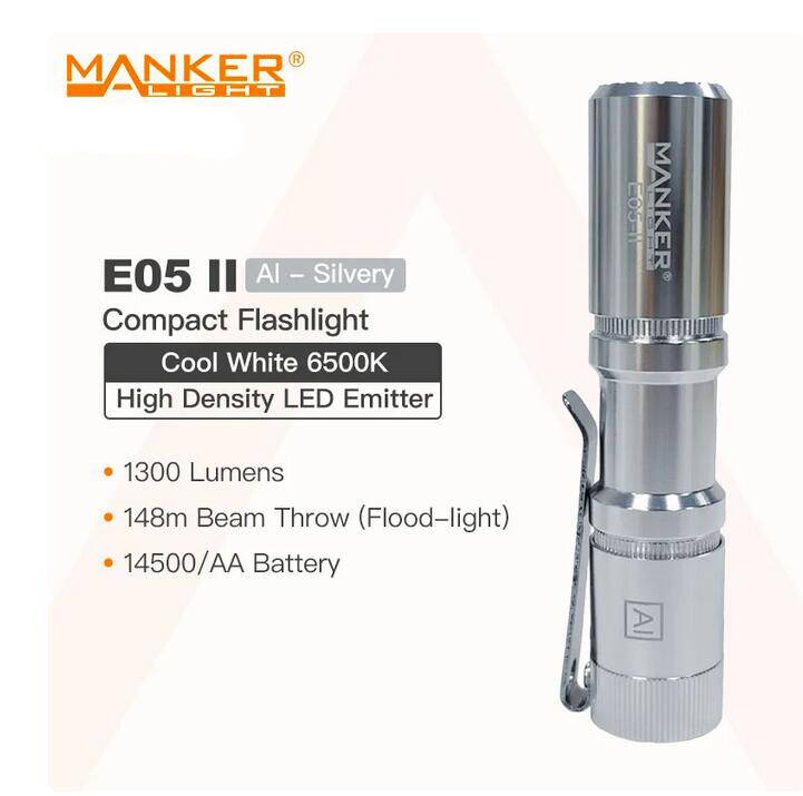 Mankerlight E05 II Silver 1300/800 Lumen LED AA 14500 EDC Flashlight+ Battery